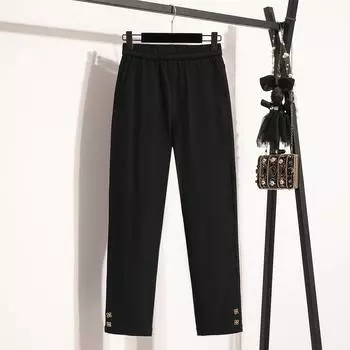 DIMANAF Большие размеры Женские хлопковые длинные брюки на пуговицах Черные повседневные свободные брюки с эластичной резинкой на талии Осень 2025 XL чёрный