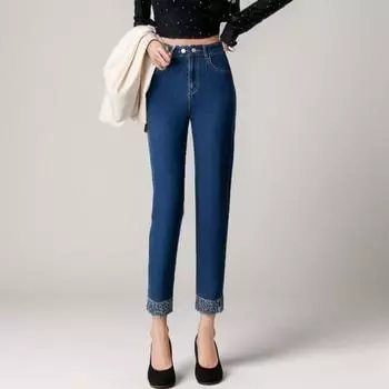 DIMANAF Большие размеры Женские осенние джинсы Однотонные брюки Шаровары Джинсовые женские эластичные базовые синие брюки с высокой талией Модные новые брюки большого размера 5XL XL синий