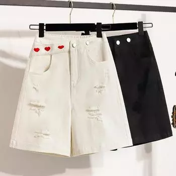 Dimanaf Большие размеры женские шорты брюки летние свободные джинсы короткие базовые брюки с высокой талией дырки эластичный пояс макси XL чёрный