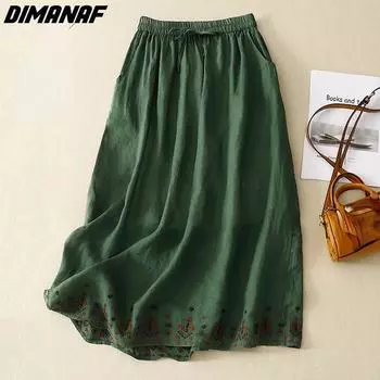 DIMANAF Большие размеры, женские юбки с эластичной резинкой на талии, хлопковая винтажная женская юбка с вышивкой и цветочным принтом, свободная повседневная юбка 2023, лето