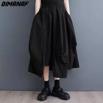 DIMANAF Большие размеры женские юбки трапециевидной формы с эластичной резинкой на талии женские асимметричные черные однотонные свободные большие размеры 2023 Лето