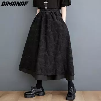 DIMANAF Большие размеры женские юбки женские эластичные базовые с цветочным принтом Высокая мода японское платье черного цвета