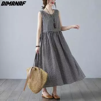 DIMANAF Большие размеры женское 2024 новое летнее винтажное пляжное платье в клетку с круглым вырезом без рукавов свободное платье длинные платья