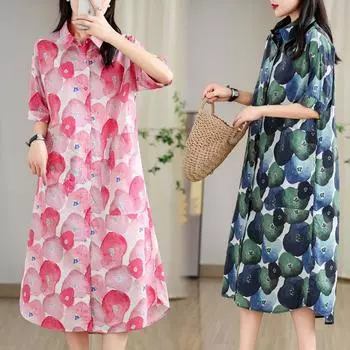 DIMANAF Большие размеры женское 2024 новое летнее длинное базовое платье оверсайз повседневное с коротким рукавом винтажное платье-рубашка с принтом