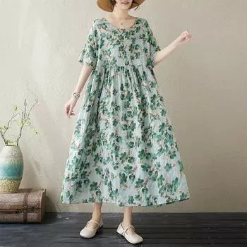 DIMANAF Большие размеры женское 2024 новое летнее свободное платье с круглым вырезом оверсайз базовое винтажное повседневное с коротким рукавом длинное свободное платье с цветочным принтом