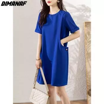 DIMANAF Большие размеры женское 2024 новое летнее платье с круглым вырезом однотонное свободное платье с карманами хлопковое базовое синее платье
