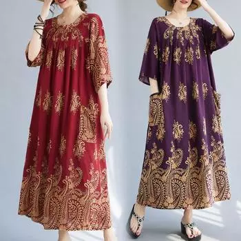 DIMANAF Большие размеры женское 2024 новое летнее хлопковое свободное платье винтажное платье с круглым вырезом базовые длинные платья оверсайз One Size красный