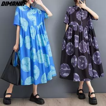 DIMANAF Большие размеры женское 2024 новое летнее пляжное платье в горошек с принтом свободное винтажное платье-рубашка длинные платья
