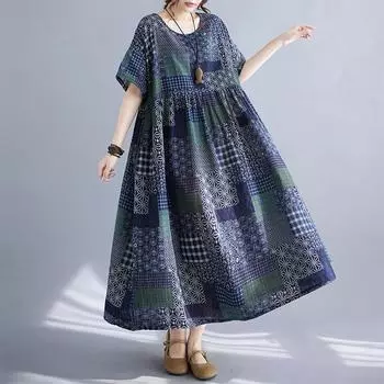 DIMANAF Большие размеры женское 2024 новое летнее базовое винтажное повседневное свободное платье большого размера с коротким рукавом и принтом с круглым вырезом длинное платье