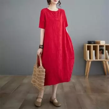 DIMANAF Большие размеры женское 2024 новое летнее стильное пляжное платье с круглым вырезом повседневное свободное платье однотонные льняные базовые платья