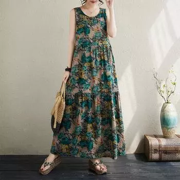 DIMANAF Большие размеры женское 2024 новое летнее без рукавов с круглым вырезом оверсайз базовое винтажное повседневное длинное свободное богемное платье с цветочным принтом