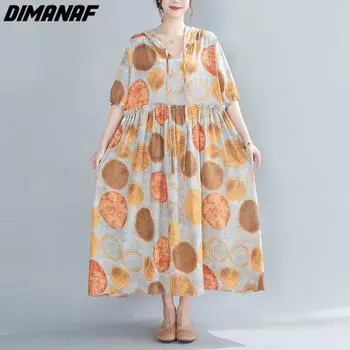 DIMANAF Большие размеры, женское длинное летнее стильное платье-шляпа, новинка 2023 года, новинка 2023 года, с коротким рукавом и круглым вырезом, свободное льняное платье в горошек, новинка большого синего цвета one size синий