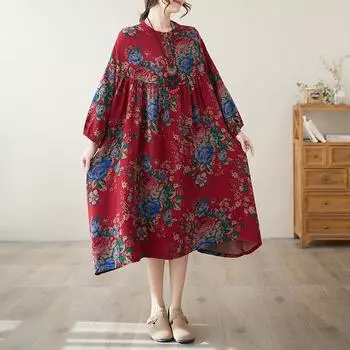 DIMANAF Большие размеры, женское длинное платье большого размера, новинка 2024 года, летний стиль, с коротким рукавом, новые льняные свободные платья с круглым вырезом и цветочным принтом на красных пуговицах