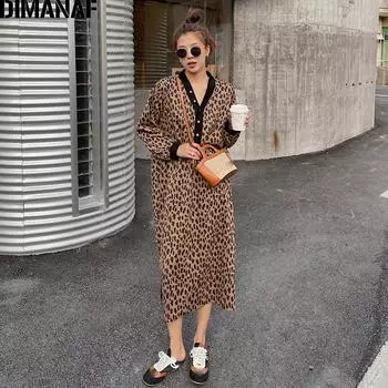 DIMANAF Большие размеры женское хлопковое трикотажное длинное платье с леопардовым принтом Свободная одежда осеннее платье-рубашка с длинным рукавом 3XL коричневый
