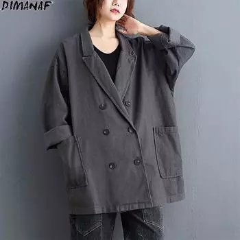 DIMANAF Большие размеры, женское пальто на пуговицах, осенняя куртка, повседневный костюм с лацканами, пальто, женские свободные винтажные кардиганы больших размеров, тонкие новые пальто