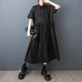 Dimanaf Большого размера свободная блузка-платье для женщин 2025 кружевная вставка пуговицы новый летний стиль черное платье-рубашка One Size чёрный