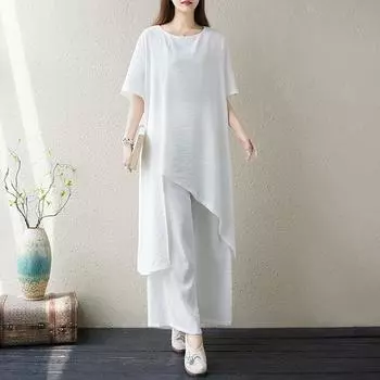 DIMANAF Большой размер 2025 Летние брючные костюмы Женские комплекты Однотонные костюмы Свободные рубашки Длинные брюки Повседневная одежда M белый