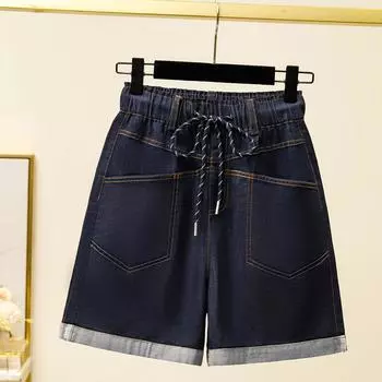 Dimanaf Большой размер 2025 Повседневные женские джинсовые шорты Летние свободные базовые брюки с высокой посадкой Синие брюки Эластичная талия XL синий