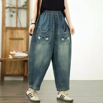 DIMANAF Большой размер 2025 Женские брюки Летние Свободные Джинсы Высокая талия Карманы Винтажные Брюки гаремы Эластичная талия M синий