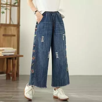DIMANAF Большой размер 2025 Женские джинсы Летние брюки Высокая талия Свободные Дырявые Эластичные Базовые Брюки галифе Макси M синий