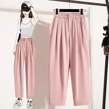 DIMANAF Большой размер Летние длинные брюки Женские Свободные Брюки Кэжуал с эластичной талией Новые Однотонные Брюки M розовый