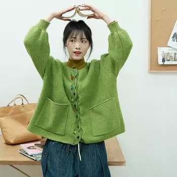 DIMANAF Большой размер Осень Женский Однотонный Пуговицы Свитера Куртка Вязание Мода Оверсайз Повседневный Стиль Свободный Кардиган Свитер One size зелёный