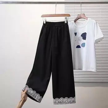 DIMANAF Брюки больших размеров Женские Весна Лето Однотонные Кружевные С высокой талией Повседневные Брюки-шаровары Свободные Брюки с широкими штанинами 5XL XL чёрный