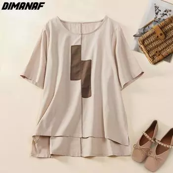 DIMANAF футболка больших размеров женская льняная футболка с коротким рукавом в летнем стиле в стиле пэчворк, винтажные льняные блузки, топы, футболки, свободная одежда