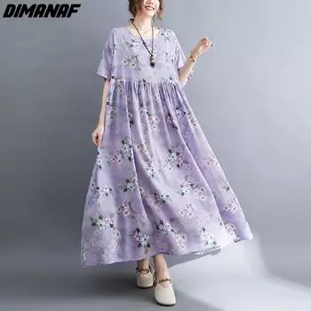 DIMANAF льняное летнее платье больших размеров, пляжный сарафан, повседневная фиолетовая женская одежда с цветочным принтом One Size фиолетовый
