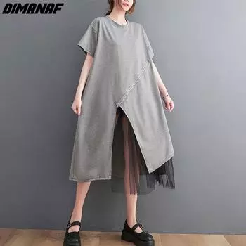 DIMANAF летнее хлопковое платье больших размеров на молнии, повседневное сетчатое женское базовое платье с круглым вырезом, большое, новинка 2022 года, зеленое короткое платье, однотонное модное