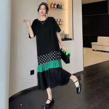 DIMANAF летнее модное женское элегантное длинное платье больших размеров черного цвета в горошек, хлопковая свободная одежда 3XL чёрный