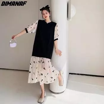 DIMANAF летнее модное женское элегантное длинное платье больших размеров с цветочным принтом, черная свободная одежда