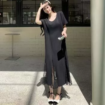 Dimanaf Летнее платье больших размеров 2025 года Женское повседневное черное винтажное платье с кружевной вставкой Базовое длинное свободное платье L чёрный