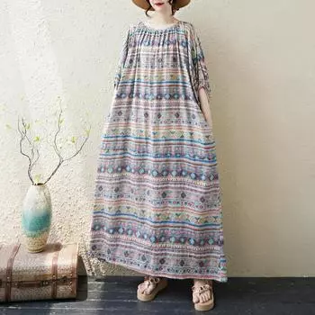 Dimanaf Летнее платье больших размеров 2025 года Женское повседневное винтажное цветочное платье Базовое длинное пляжное элегантное свободное платье One Size