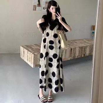 Dimanaf Летнее платье больших размеров 2025 года Женское повседневное винтажное платье Базовое длинное элегантное платье в горошек Свободное платье с имитацией двух частей L чёрный
