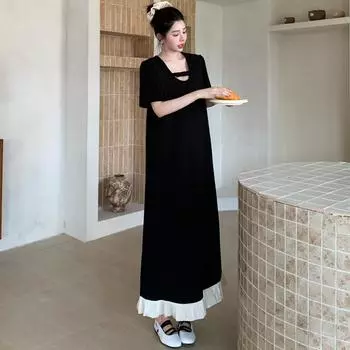 Dimanaf Летнее платье больших размеров 2025 для женщин, винтажное платье, базовое длинное элегантное свободное повседневное платье L чёрный