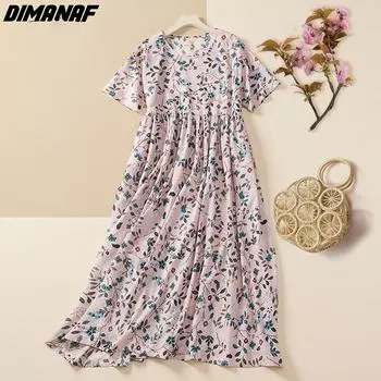 DIMANAF летнее платье больших размеров пляжный сарафан льняное повседневное женское платье с цветочным принтом большое новое платье 2022 года One Size розовый