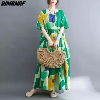 DIMANAF Летнее платье больших размеров, пляжный сарафан, льняной повседневный женский костюм с цветочным принтом, зеленый, новинка 2022 года One Size зелёный