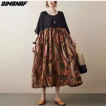DIMANAF летнее платье больших размеров, пляжное повседневное макси женское льняное платье, большое новое платье 2022 года, модный сарафан