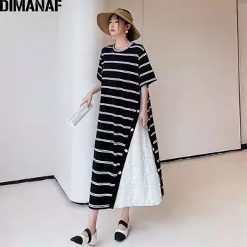 DIMANAF летнее платье больших размеров женское элегантное полосатое хлопковое кружевное модное длинное платье-рубашка свободное повседневное черное