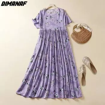 DIMANAF летнее платье больших размеров, пляжное льняное повседневная женская одежда с цветочным принтом, большое зеленое новое платье 2022 года, фиолетовый сарафан One Size фиолетовый