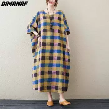 DIMANAF Летнее платье больших размеров в клетку, пляжный сарафан, элегантный льняной желтый цветочный сарафан, женская одежда