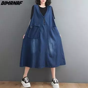 DIMANAF летнее платье больших размеров модное женское платье без рукавов с v-образным вырезом и длинным жилетом, свободная одежда, синее джинсовое платье больших размеров