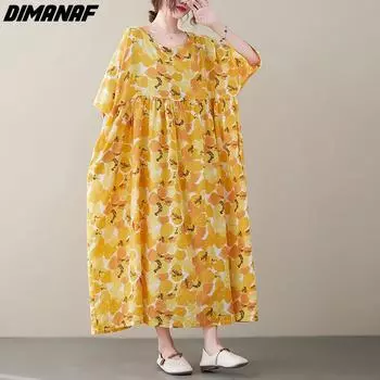 DIMANAF Летнее платье больших размеров, пляжный сарафан, льняной желтый цветочный повседневная женская одежда, новинка 2022 года One Size жёлтый