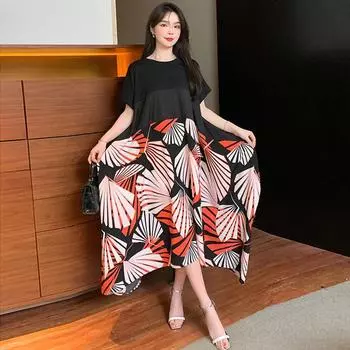 DIMANAF Летнее платье больших размеров, пляжный сарафан, шифоновый черный повседневный женский костюм с цветочным принтом One Size чёрный