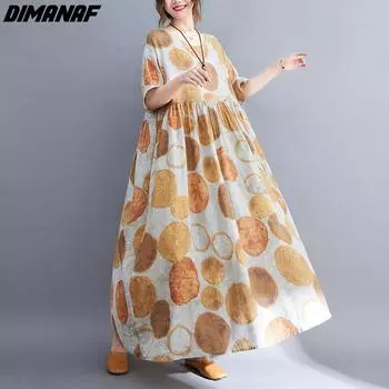 DIMANAF Летнее платье больших размеров в горошек с принтом Повседневная женская одежда Большой размер 2022 Новое повседневное льняное платье больших размеров One Size жёлтый