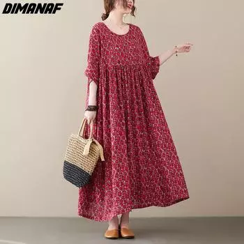 DIMANAF Летнее платье больших размеров, пляжный сарафан, льняной повседневный женский костюм с цветочным принтом, красное новое платье 2022 года One Size красный