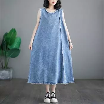 DIMANAF Летнее платье больших размеров Модное женское элегантное женское длинное безрукавное свободное синее джинсовое длинное платье большого размера L