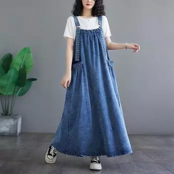 DIMANAF летнее платье больших размеров, модное женское платье без рукавов, элегантный женский длинный жилет, свободное синее джинсовое длинное платье больших размеров L синий