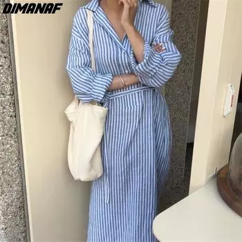 DIMANAF Летнее платье больших размеров, платье-рубашка, пляжный сарафан с длинными рукавами, повседневная женская одежда в полоску, большое синее платье 2022, новое платье One Size синий